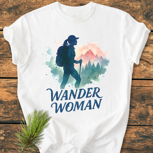 Wander Woman Watercolor - Vintage Wash Tee features a hiking woman silhouette in a forest-mountain scene on a white T-shirt, emphasizing comfort with soft-washed, garment-dyed 100% ring-spun cotton.