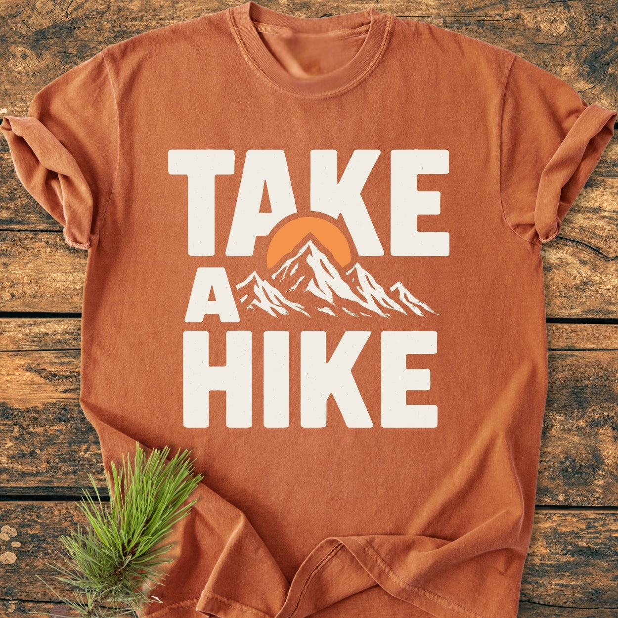 Take A Hike - Vintage Wash Tee: A rust-orange T-shirt with TAKE A HIKE slogan and mountain graphic. Made from soft, garment-dyed, 100% ring-spun cotton for comfort and durability.