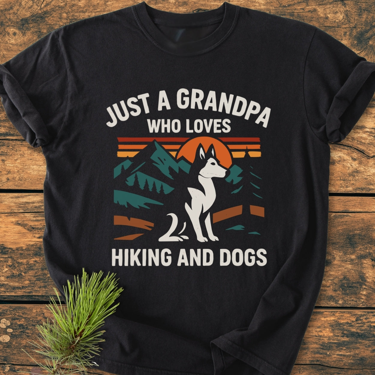 Grandpa Loves Hiking And Dogs - Vintage Wash Tee with a retro mountain and husky graphic, featuring bold text. Crafted from soft, durable, pre-shrunk 100% ring-spun cotton for comfort and relaxed fit.