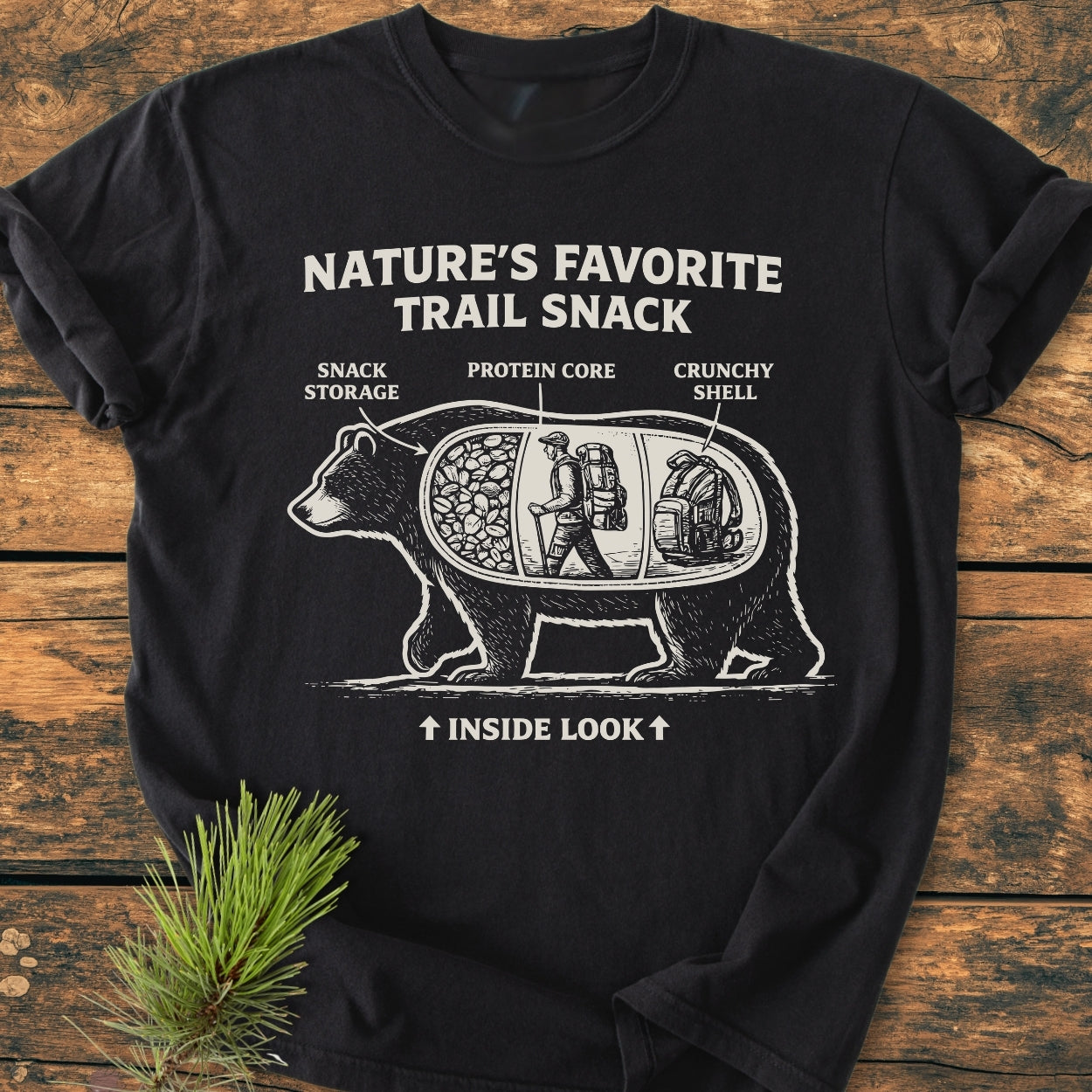 Trail Snack - Vintage Wash Tee featuring a playful bear diagram with compartments labeled Snack Storage, Protein Core, and Crunchy Shell, humorously likening a bear to a trail snack.
