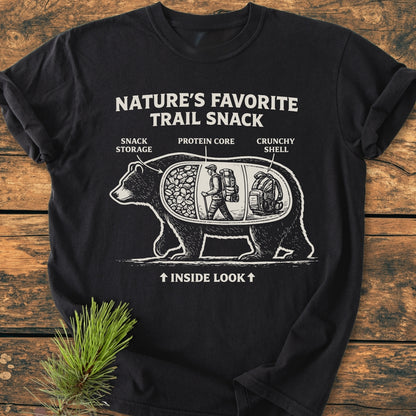 Trail Snack - Vintage Wash Tee featuring a playful bear diagram with compartments labeled Snack Storage, Protein Core, and Crunchy Shell, humorously likening a bear to a trail snack.