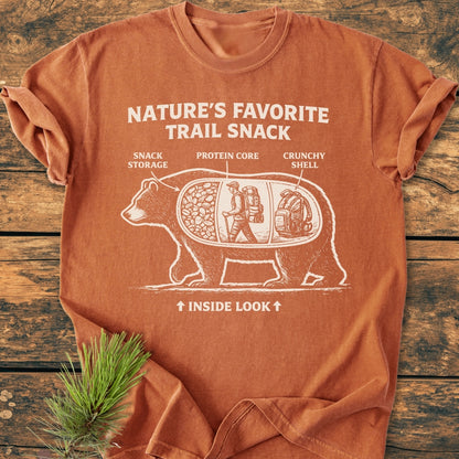 Trail Snack - Vintage Wash Tee: Rust-orange T-shirt with a humorous bear cross-section design, featuring Snack Storage, Protein Core, and Crunchy Shell layers, and slogans celebrating bears as trail snacks.