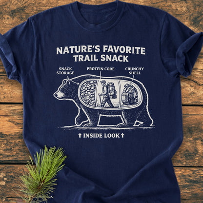 Trail Snack - Vintage Wash Tee featuring a playful bear cross-section design labeled “Nature’s Favorite Trail Snack,” highlighting “Snack Storage,” “Protein Core,” and “Crunchy Shell” compartments, with “Inside Look” text and arrows.