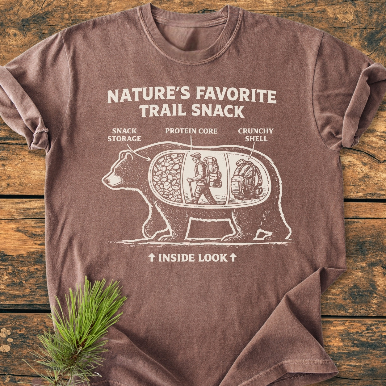 Trail Snack - Vintage Wash Tee featuring a bear diagram with humorous labels, showcasing compartments like Snack Storage and Protein Core, on a soft, garment-dyed fabric for everyday comfort.