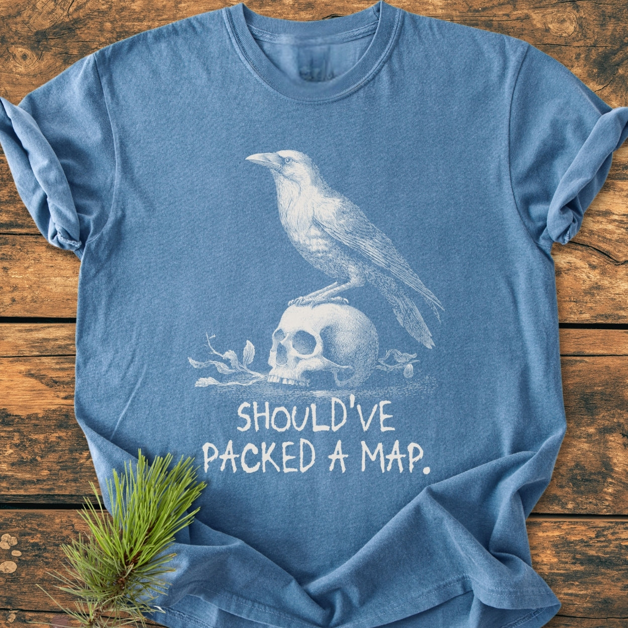 No WI-FI - Vintage Wash Tee: Heather-blue T-shirt with a crow on a skull and SHOULD’VE PACKED A MAP slogan, laid on wood. Soft, durable, relaxed fit.
