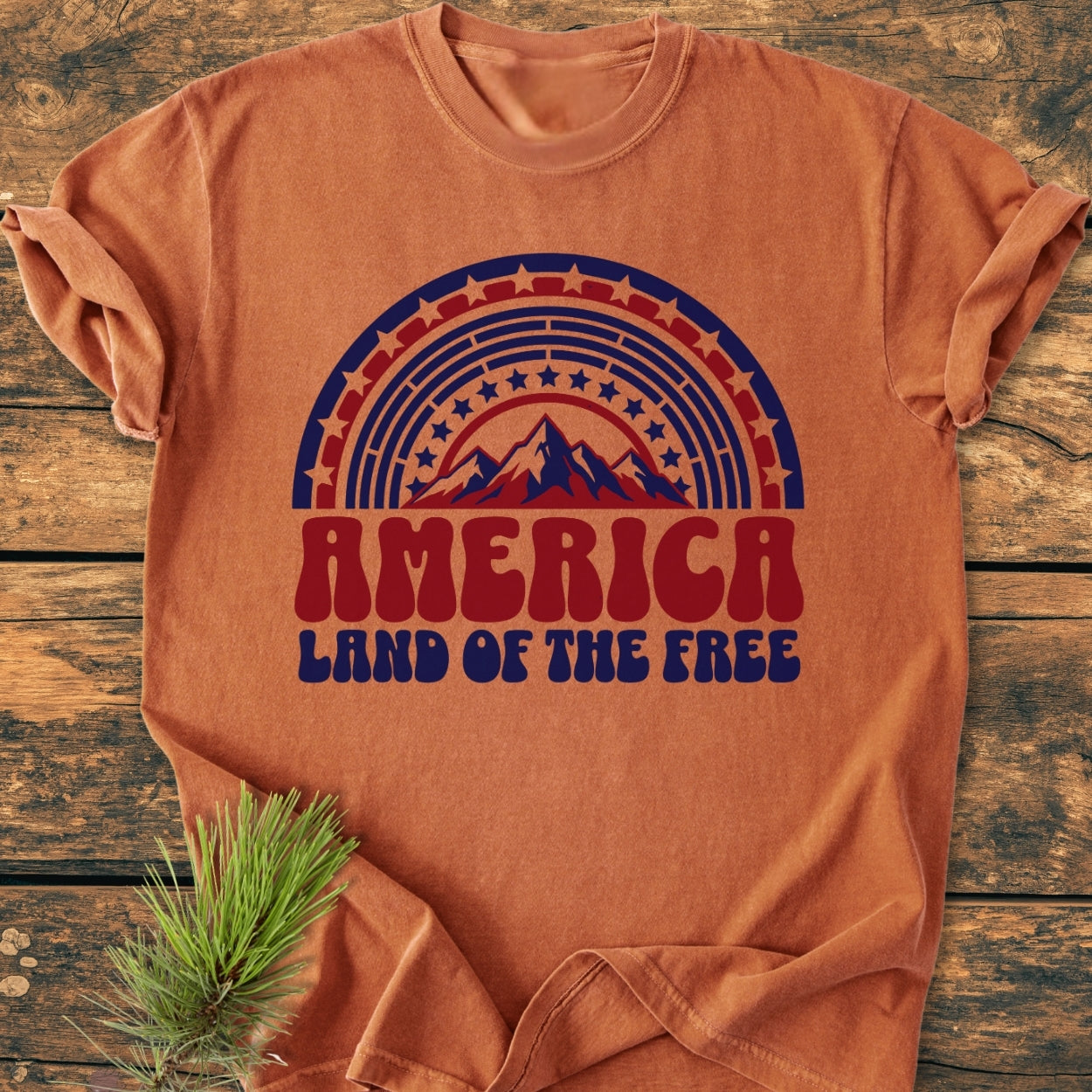 America Land Of The Free - Vintage Wash Tee featuring a retro mountain graphic with star-spangled arcs, laid on wood. Crafted from soft, garment-dyed cotton for comfort and durability.