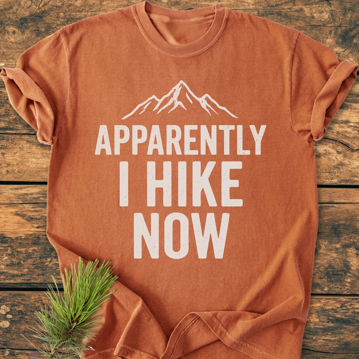 Apparently Hiking - Vintage Wash Tee features a rust-orange shirt with a white mountain design and slogan. Set on wood, it includes durable stitching and a relaxed fit, showcasing outdoor adventure style.