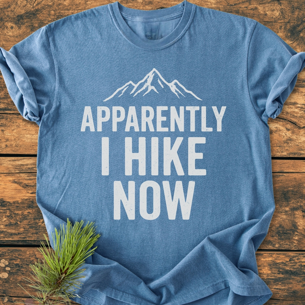 Apparently Hiking - Vintage Wash Tee displayed on a rustic surface, featuring a mountain peak line drawing and bold text. A small pine sprig lies beside, enhancing its outdoorsy appeal.