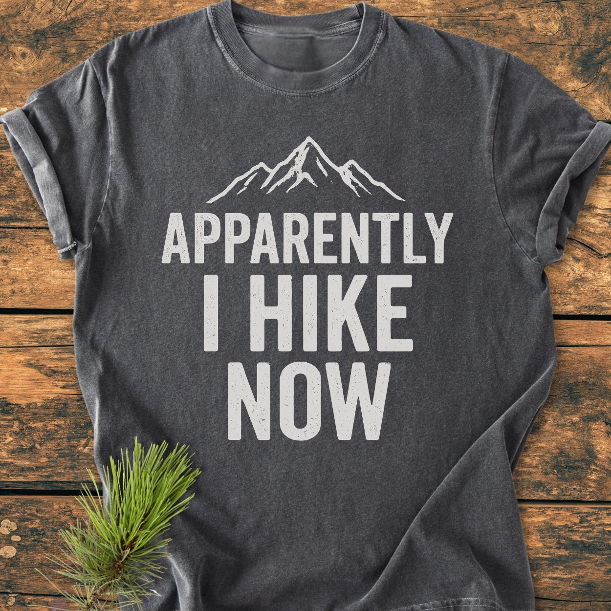 Heather-charcoal Apparently Hiking - Vintage Wash Tee with mountain line-art and text. Laid flat with pine sprig beside, showcasing a cozy, relaxed fit and durable stitching. Ideal for everyday wear.