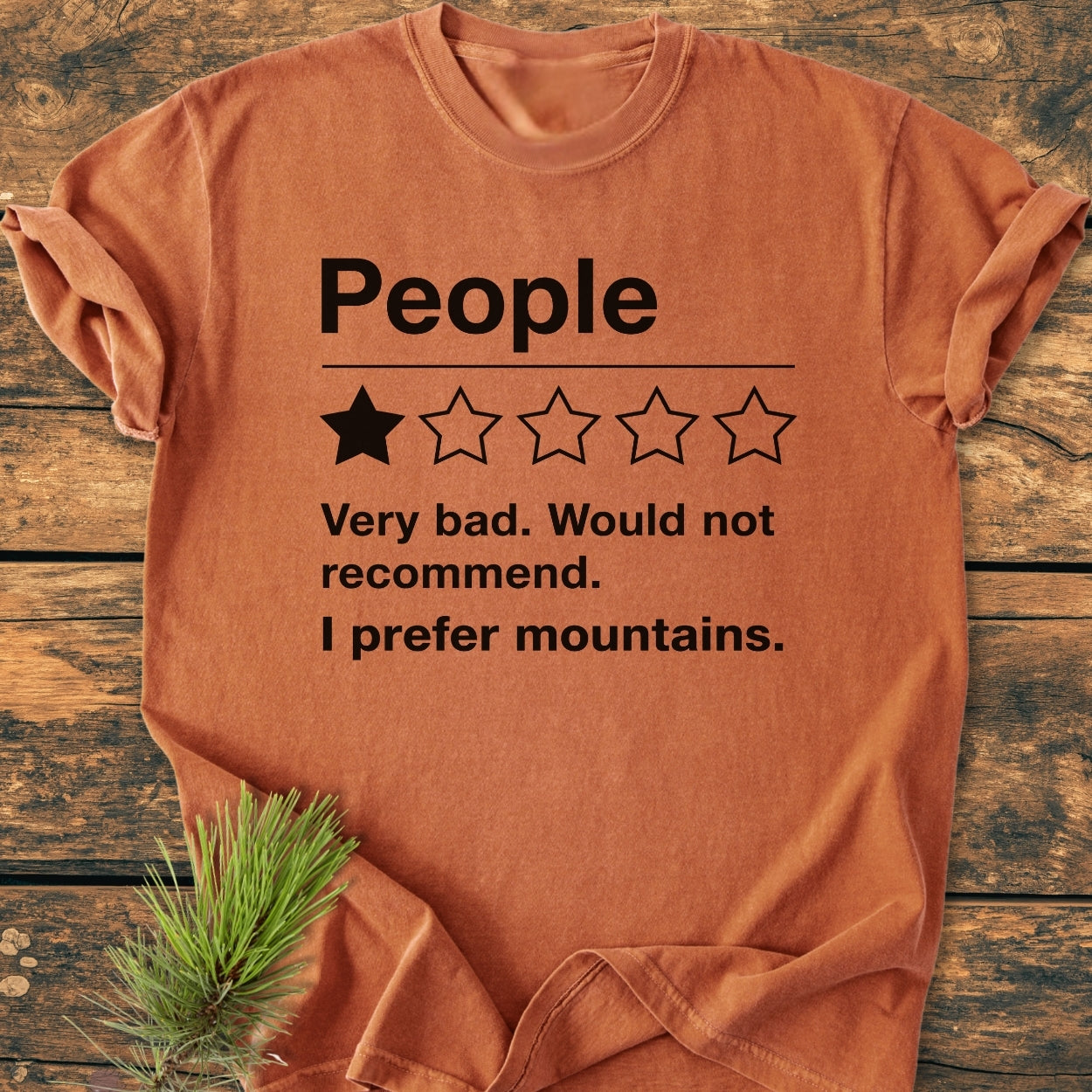 I Prefer Mountains - Vintage Wash Tee featuring a cheeky one-star review graphic, laid flat on a rustic wooden surface with a pine sprig accent, highlighting its relaxed fit and soft-washed finish.
