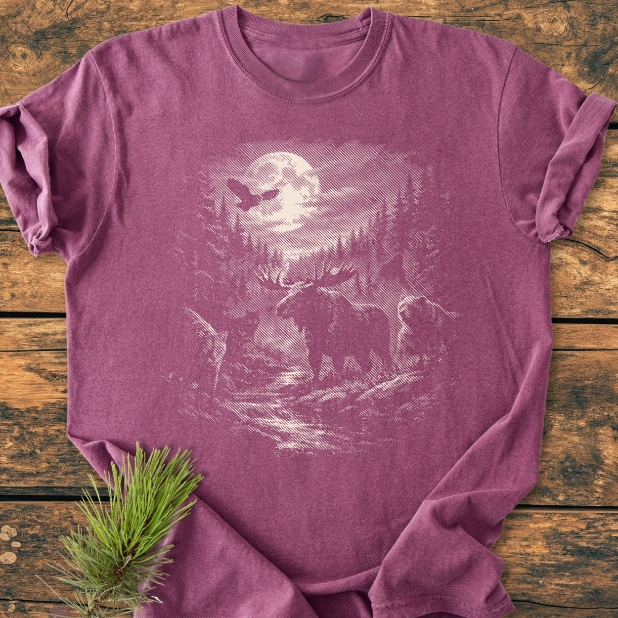 Moonlit Woodland - Vintage Wash Tee features a rustic forest scene with a moose, deer, and bear under a full moon, screen-printed on a heather-purple Comfort Colors garment-dyed T-shirt.