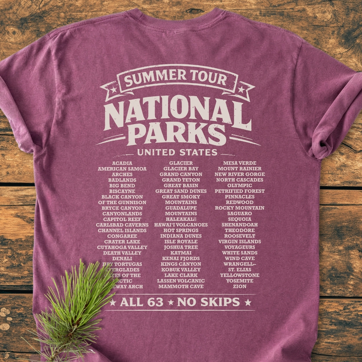 Summer Tour National Parks BACK PRINT - Vintage Wash Tee features a bold graphic listing all 63 U.S. National Parks, laid flat with a pine sprig accent, showcasing a relaxed fit and durability.