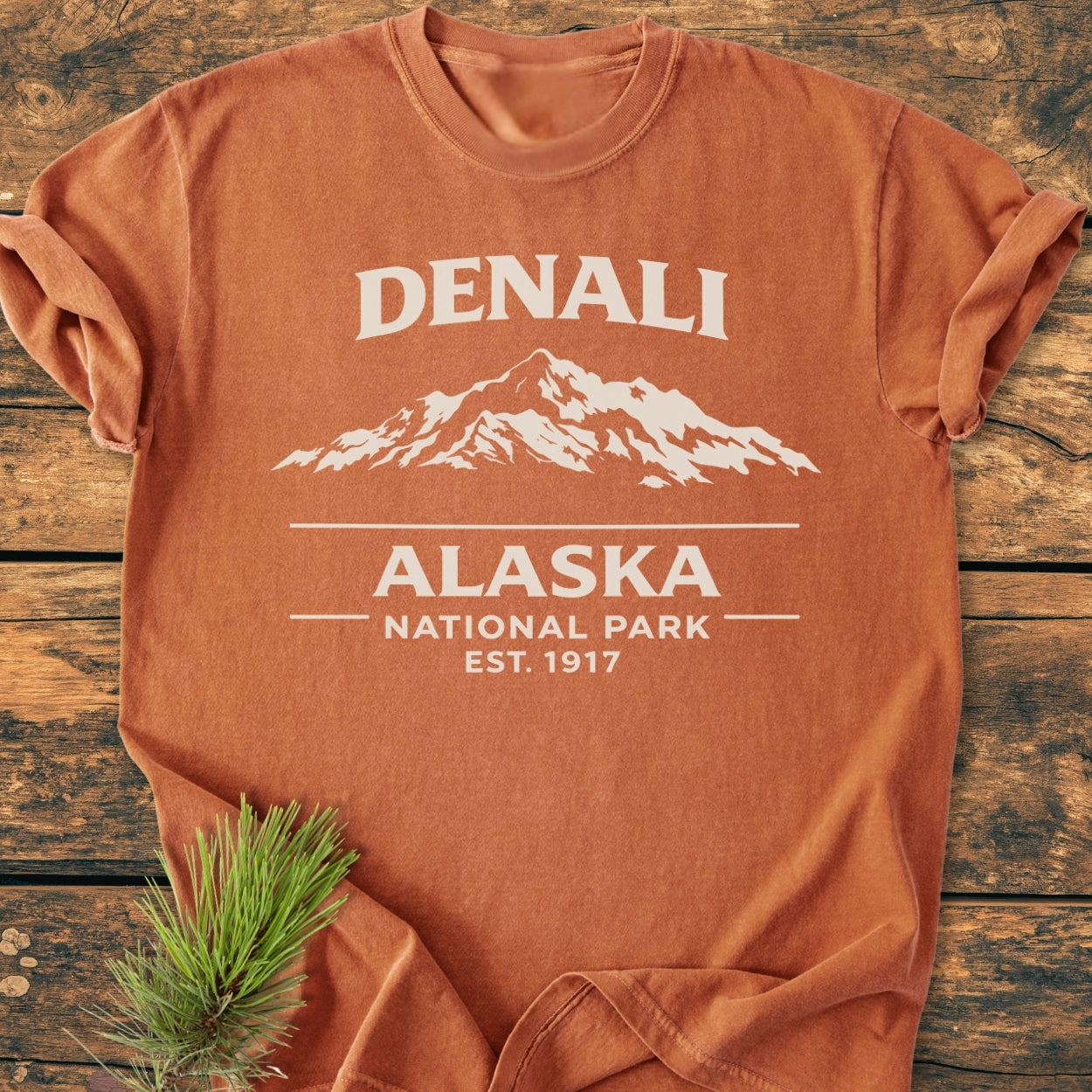 Denali Alaska National Park - Vintage Wash Tee featuring a mountain graphic and text, on a wooden surface with a pine sprig. Made from soft, garment-dyed cotton, offering a relaxed fit.