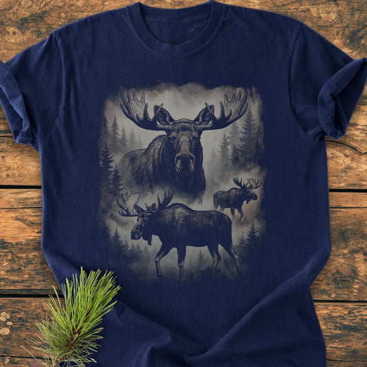 Shadow Moose - Vintage Wash Tee features a misty forest scene with three moose illustrations on a navy-blue T-shirt, highlighting a bull moose head, full-body moose, and distant moose amid swirling fog.