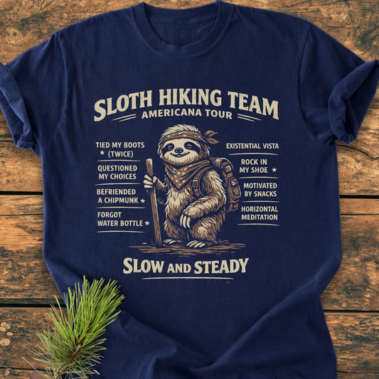 Sloth Hiking Team Tour - Vintage Wash Tee features a cartoon hiking sloth with humorous achievements, printed on a navy-blue T-shirt laid flat with a pine sprig accent.