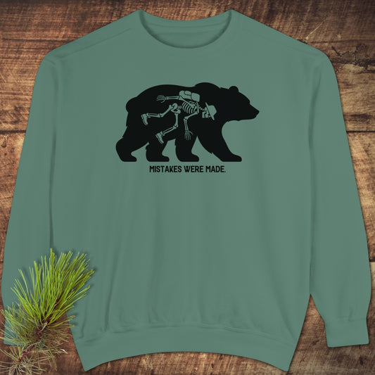 Mistakes Were Made Sweatshirt featuring a black bear silhouette with a hiking skeleton overlay and caption, offering luxurious comfort with a relaxed fit and garment-dyed finish for stylish casual wear.
