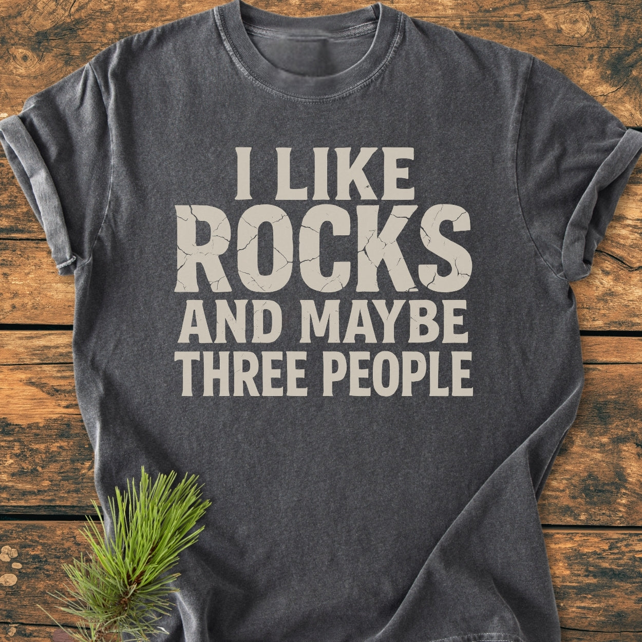 Charcoal I Like Rocks - Vintage Wash Tee with cracked-style lettering on a wooden surface, featuring the phrase about rocks and people, alongside a pine sprig. Cozy, relaxed fit, ring-spun cotton.