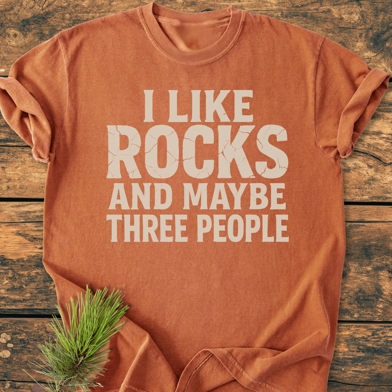 I Like Rocks - Vintage Wash Tee in rust-orange, featuring a cracked white slogan, styled with a pine sprig on weathered wood. Made from soft, pre-shrunk, ring-spun cotton with a relaxed fit.