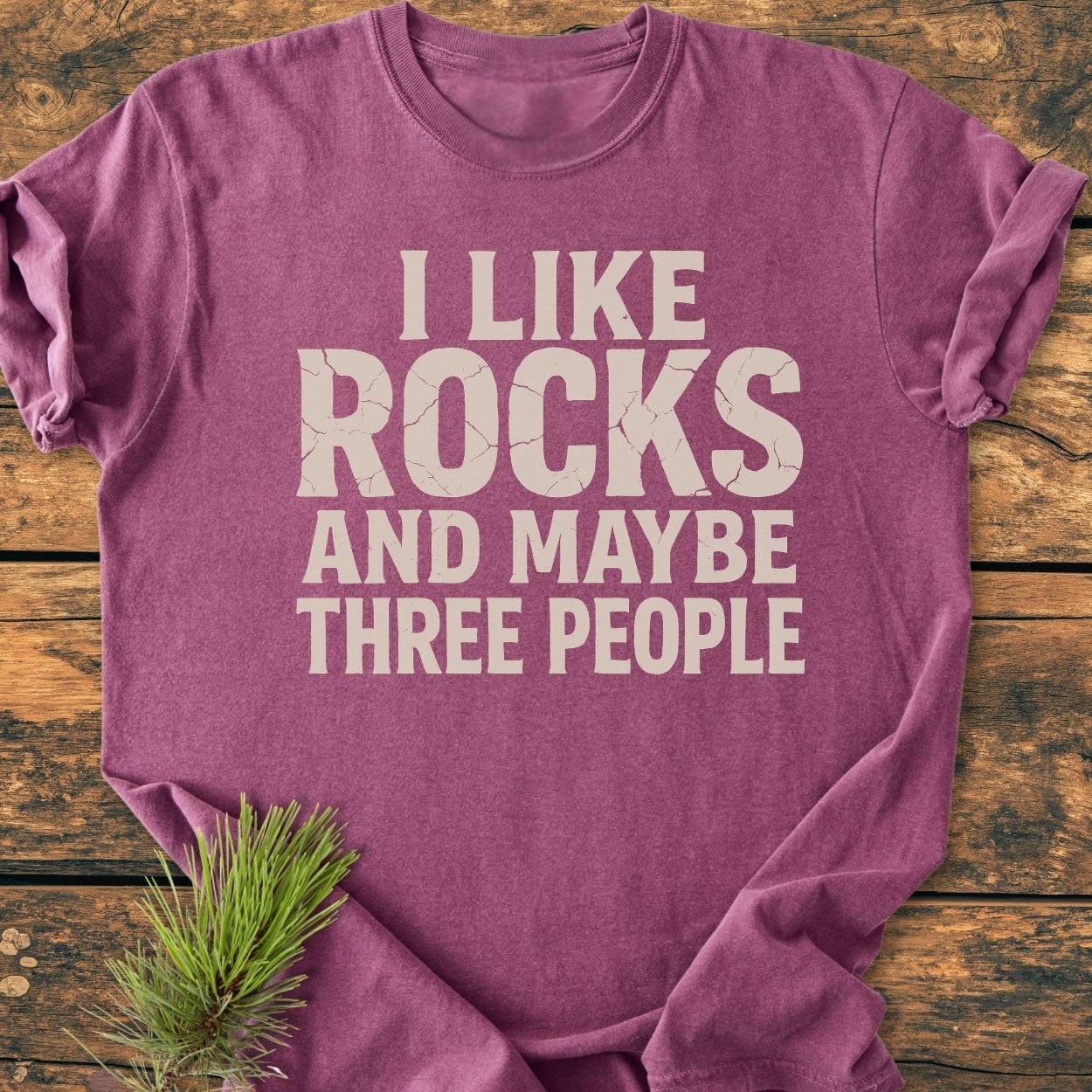 I Like Rocks - Vintage Wash Tee displayed on wood, showcasing the light-beige print. A pine sprig accents the garment-dyed, relaxed-fit, 100% ring-spun cotton shirt, highlighting its cozy, durable design.