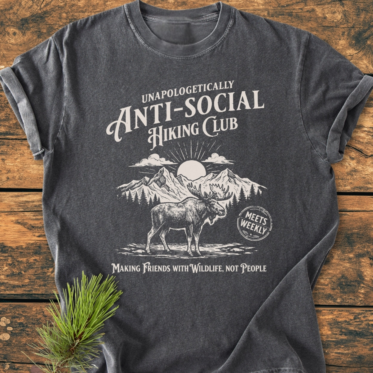 Anti-Social Hiking Club - Vintage Wash Tee featuring a stylized outdoor scene with mountains, sun, pines, and moose, framed by humorous text, on dark-gray garment-dyed cotton, laid flat on wood.