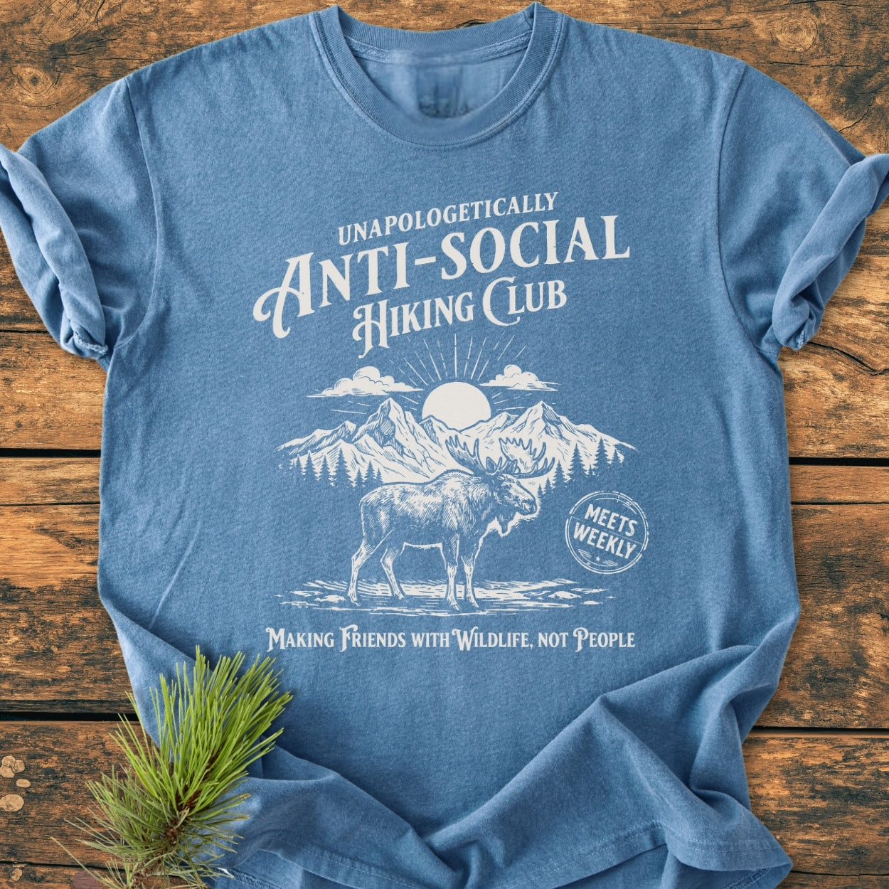 Anti-Social Hiking Club - Vintage Wash Tee features a stylized sun and moose scene, with text emphasizing a love for nature over socializing, on a light-blue short-sleeve T-shirt.
