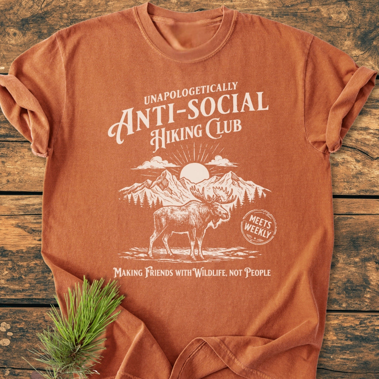 Anti-Social Hiking Club - Vintage Wash Tee featuring a mountain range graphic with a moose, sun, and playful text, laid on wood with a pine sprig, highlighting its relaxed, durable design.