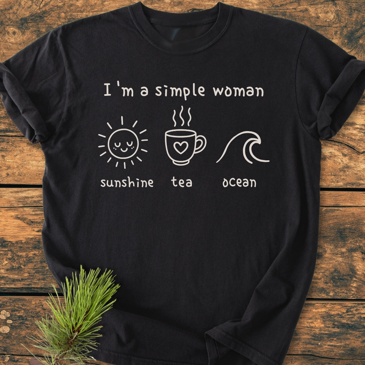 I'm A Simple Woman - Sunshine Tea Ocean - Vintage Wash Tee features a black, hand-drawn style print of a sun, mug, and wave icons on a cozy, relaxed-fit cotton T-shirt.