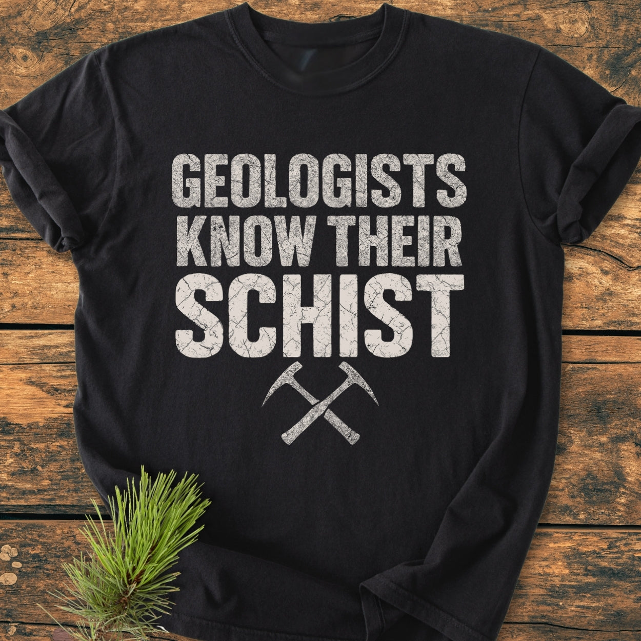 Geologists Know Their Schist - Vintage Wash Tee featuring bold white lettering and crossed rock hammers on a black T-shirt, styled with pine sprig, showcasing a geology-themed pun.