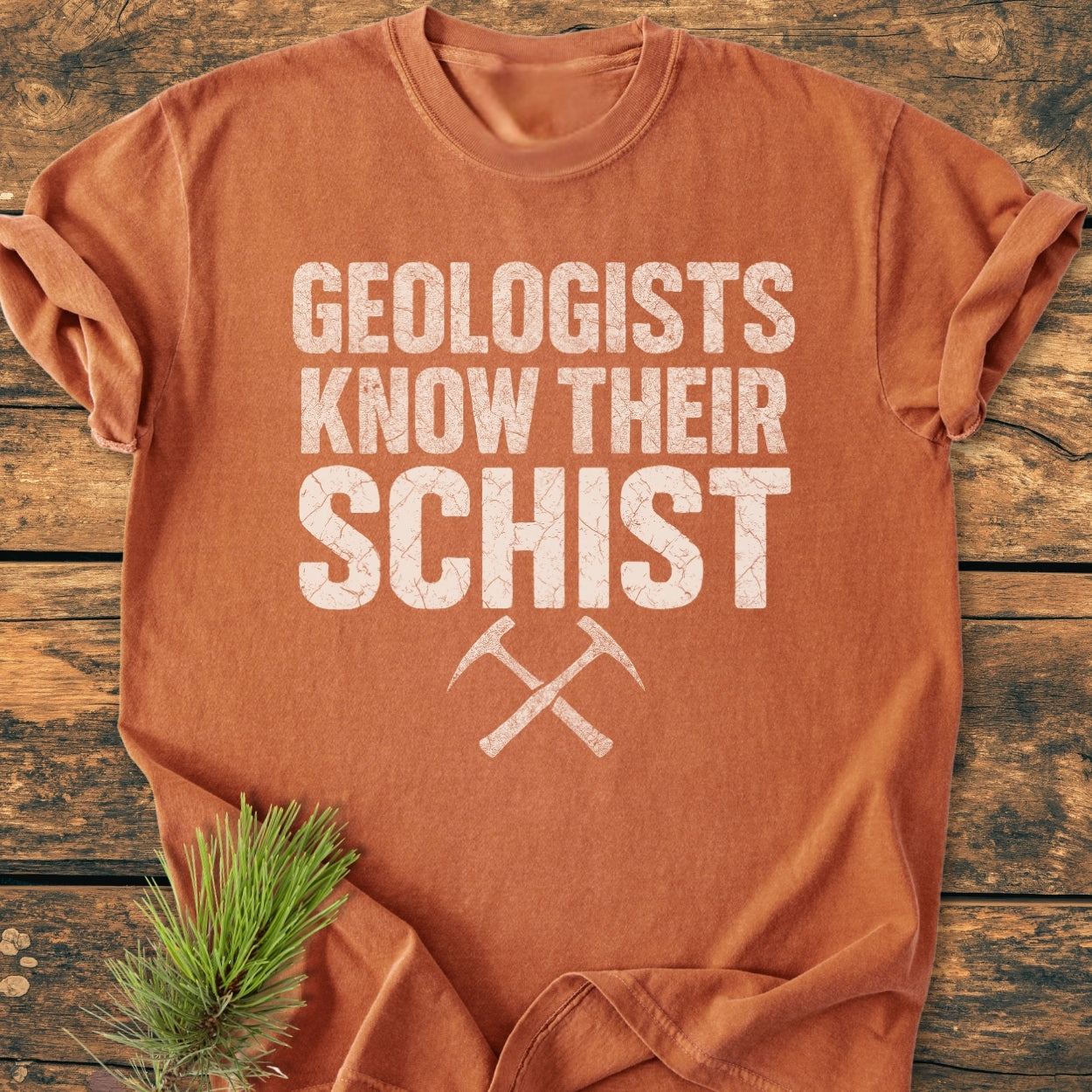Geologists Know Their Schist - Vintage Wash Tee displayed on wood, features distressed white slogan and crossed rock-hammers, enhanced by a small pine sprig, showcasing its rustic and cozy appeal.