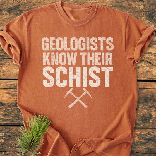 Geologists Know Their Schist - Vintage Wash Tee displayed on wood, features distressed white slogan and crossed rock-hammers, enhanced by a small pine sprig, showcasing its rustic and cozy appeal.