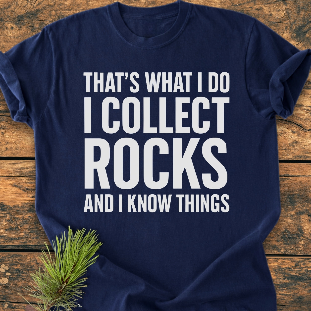 I Collect Rocks - Vintage Wash Tee displayed on wood, featuring bold white text. Cozy, relaxed fit from Comfort Colors, ideal for everyday wear, showcasing durability with double-needle stitching and a tubular shape.