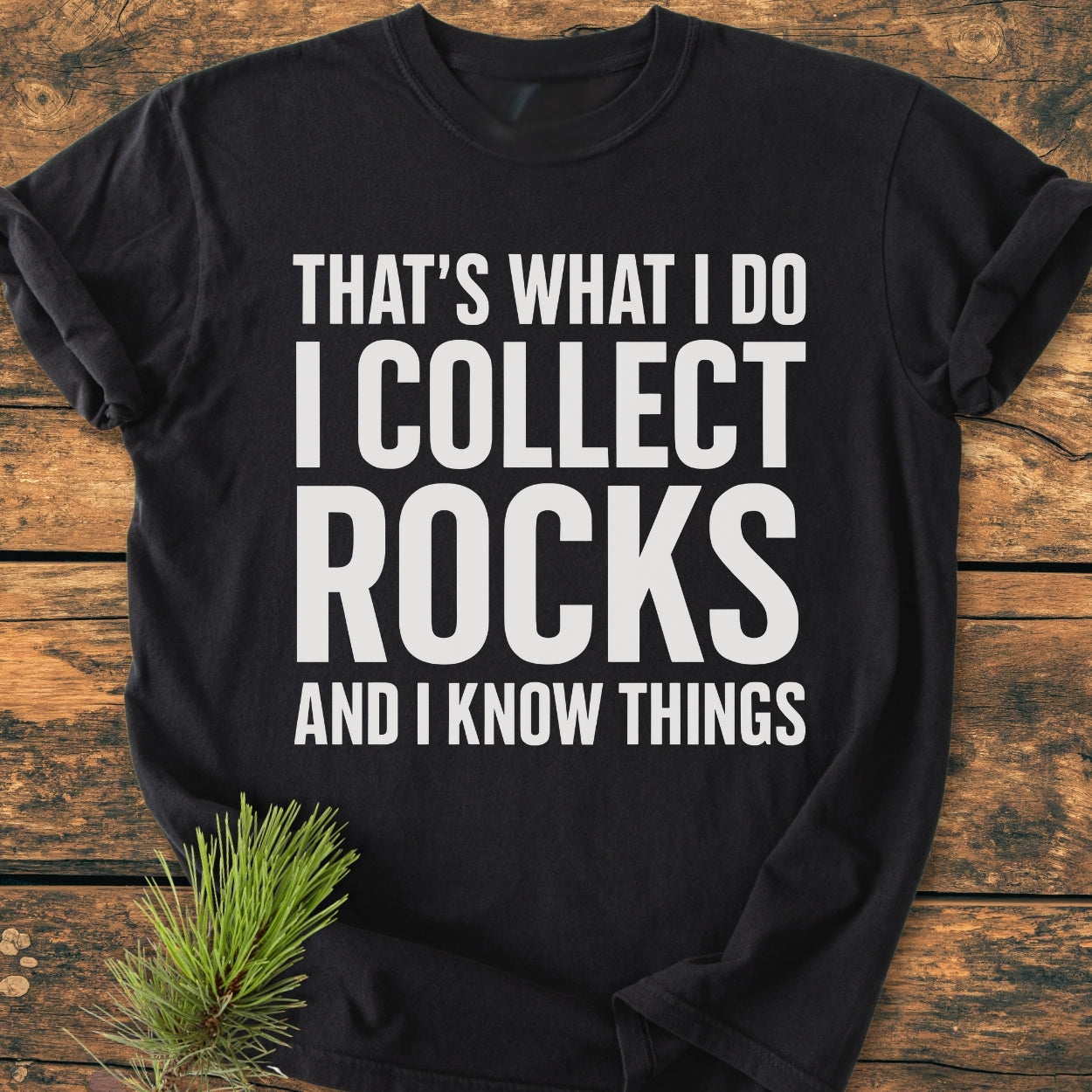 Black t-shirt titled I Collect Rocks - Vintage Wash Tee on wood, featuring bold white text: “THAT’S WHAT I DO I COLLECT ROCKS AND I KNOW THINGS”, with a pine bough accent beneath.