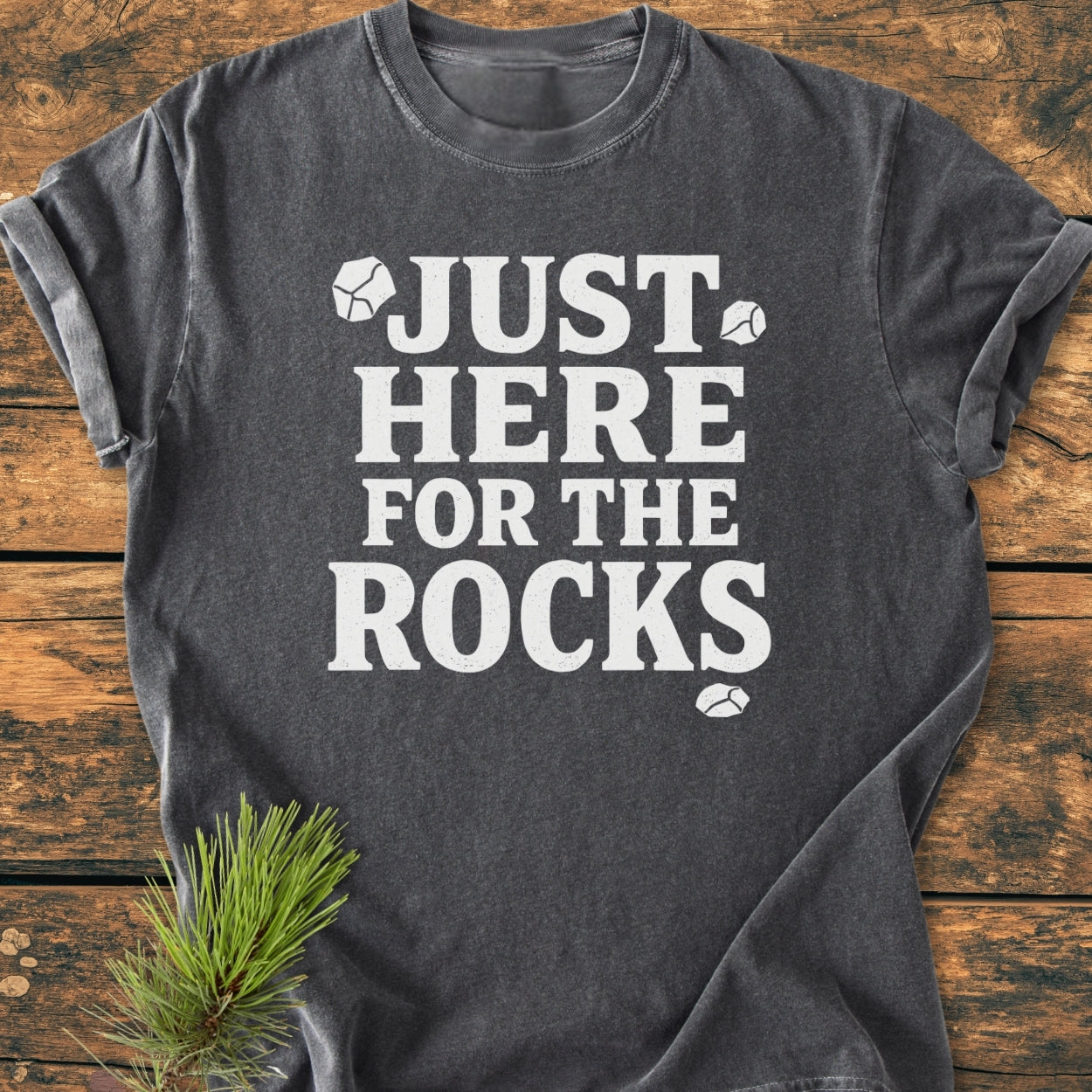 Just Here For The Rocks - Vintage Wash Tee features bold white text with cartoon rocks on a charcoal-gray background, laid flat with pine needles accentuating its soft, relaxed fit.