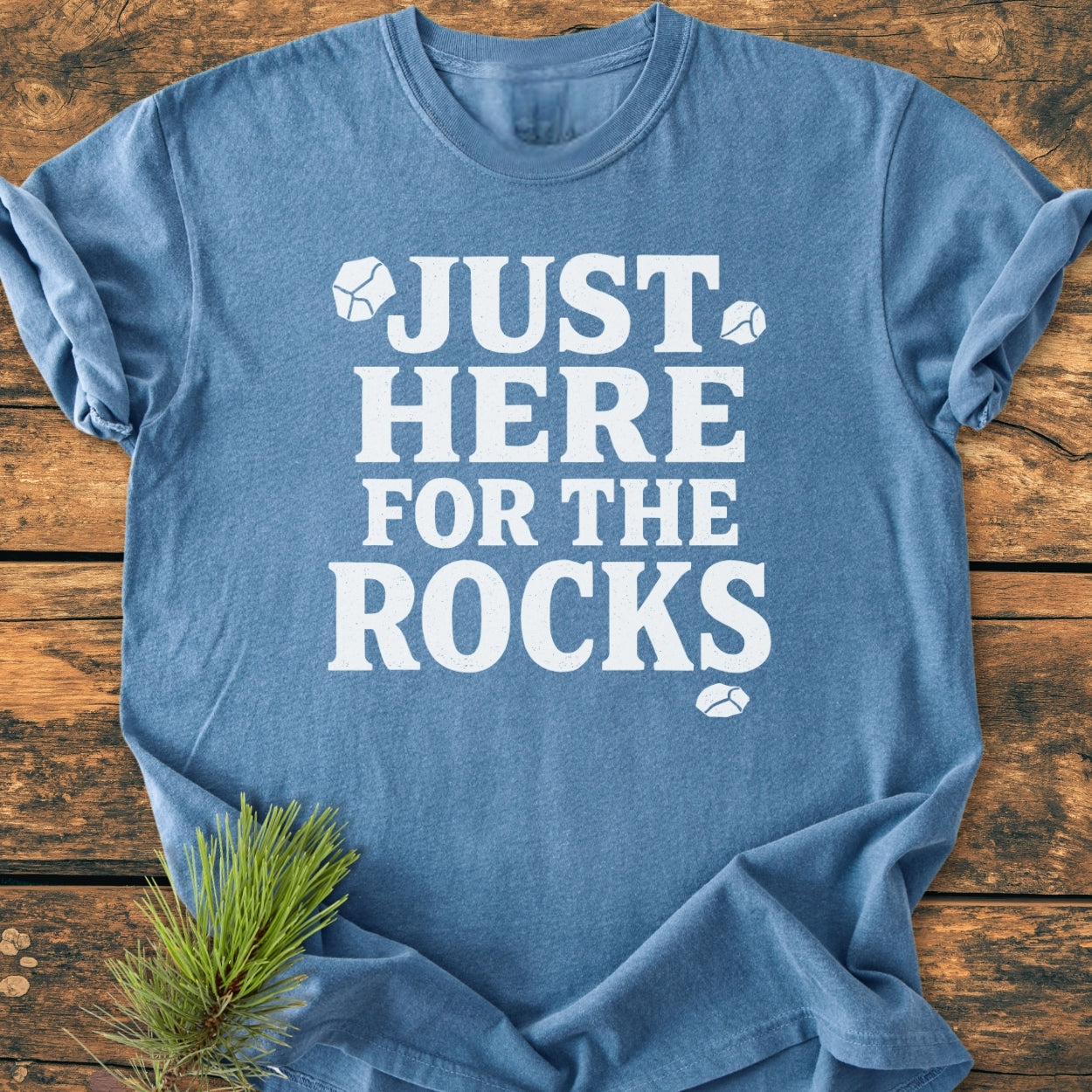 Just Here For The Rocks - Vintage Wash Tee in heather-blue, featuring bold white lettering and rock icons, laid flat with a pine sprig for styling, highlighting its relaxed fit and durability.
