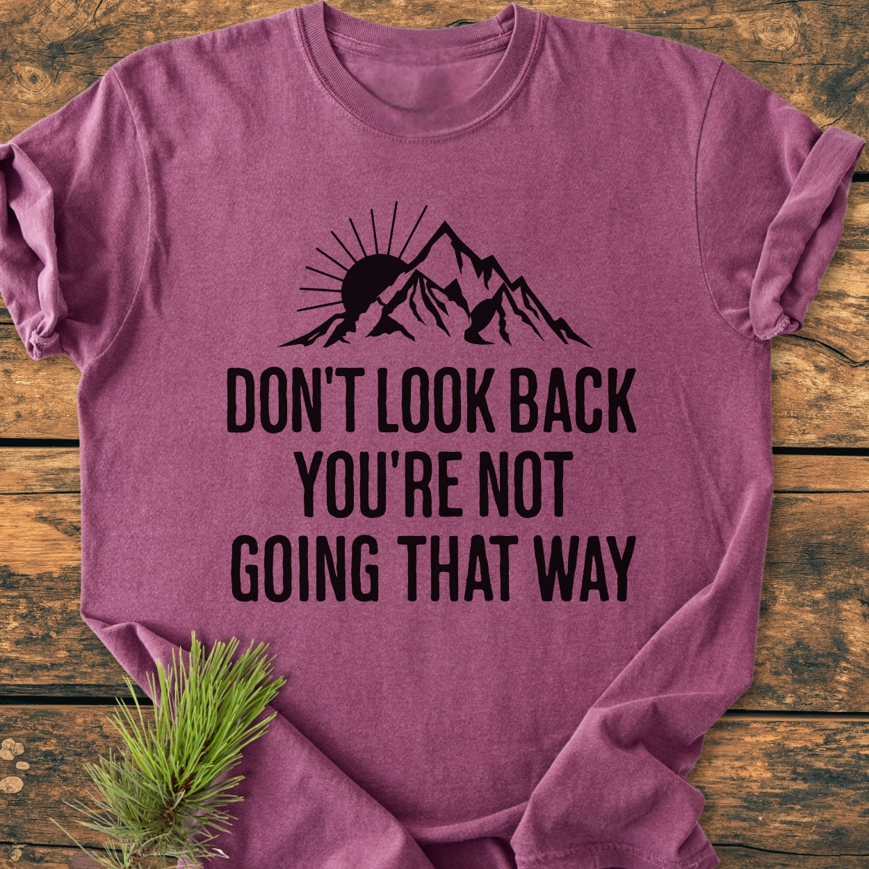Don't Look Back - Vintage Wash Tee features a heathered plum color with stylized mountain and sun design, motivational quote, on a rustic wooden surface with pine sprig accent.