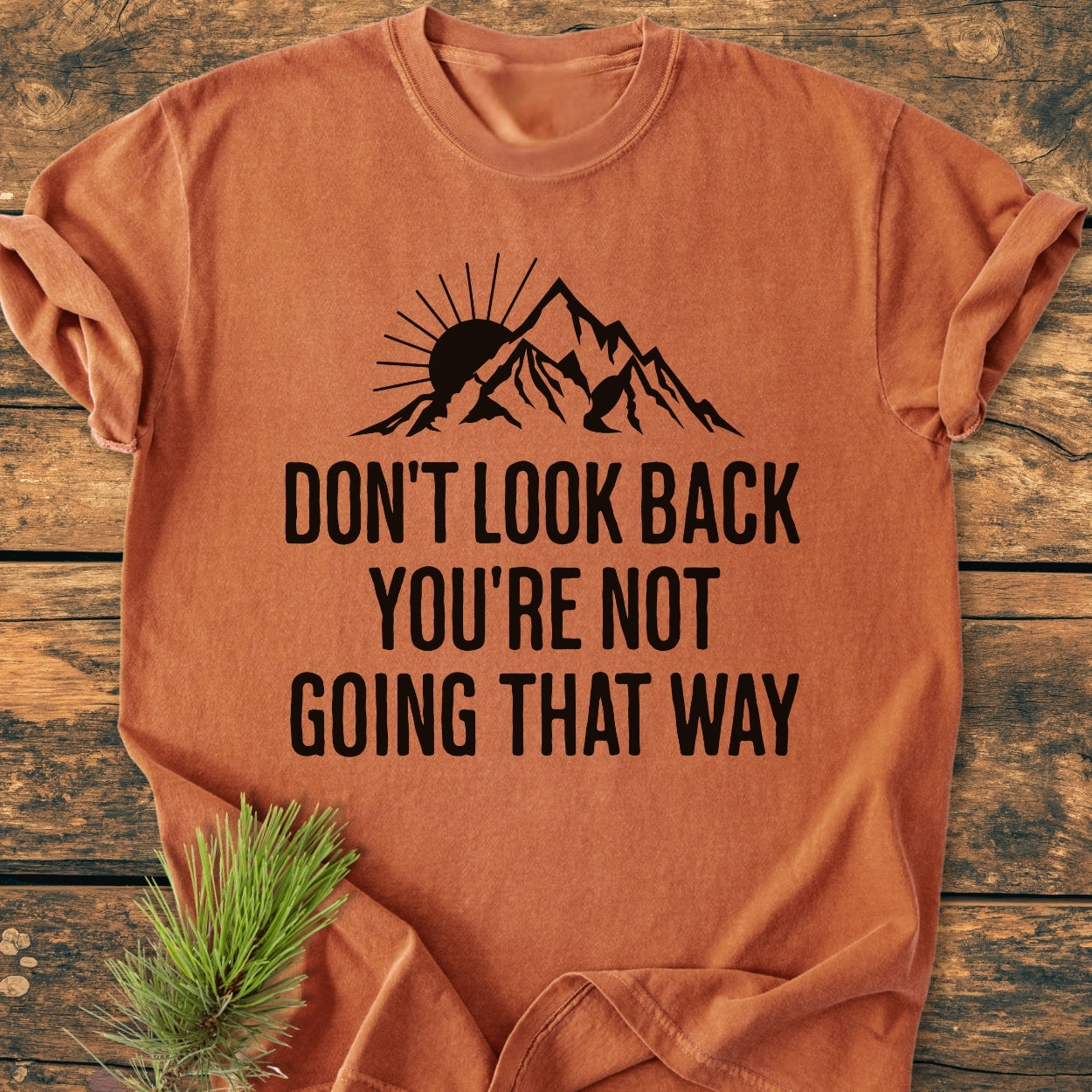 Don't Look Back - Vintage Wash Tee on weathered wood; bold mountain graphic with sun, motivational text beneath. Pine sprig nearby enhances the rustic appeal of this comfy, garment-dyed cotton T-shirt.