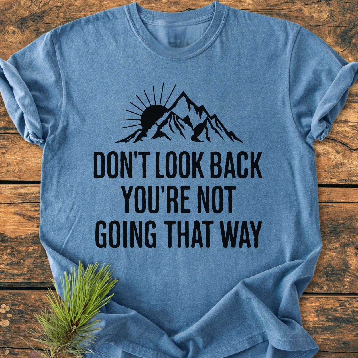 Don't Look Back - Vintage Wash Tee featuring a mountain and sun graphic with a motivational slogan. The heather-blue shirt is styled with rolled sleeves and a pine branch accent on a wooden surface.