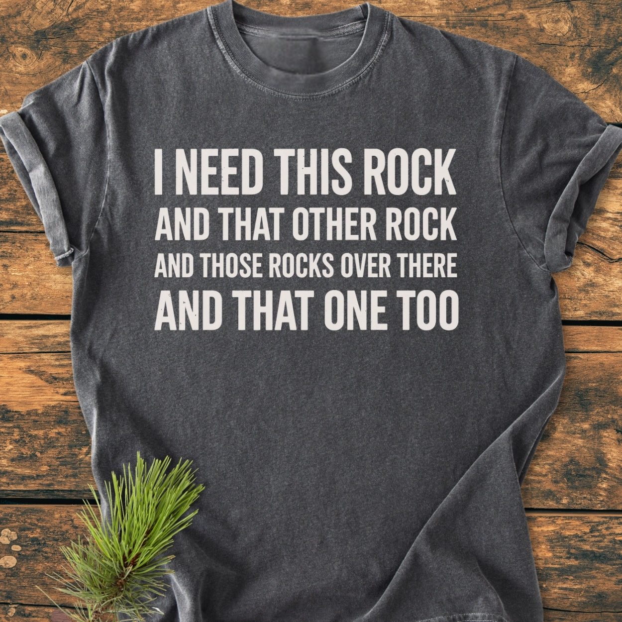 Charcoal-gray I Need This Rock - Vintage Wash Tee with white slogan, laid flat. Features a relaxed fit, pre-shrunk ring-spun cotton, styled with an evergreen sprig on a wooden surface.