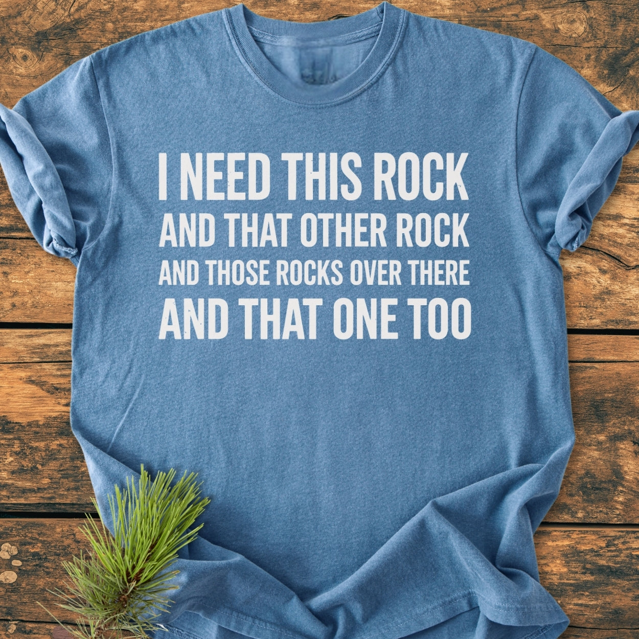 I Need This Rock - Vintage Wash Tee laid flat, featuring bold white text about collecting rocks. Highlighted with a rustic pine branch accent, showcasing the tee's cozy, relaxed fit and durable construction.