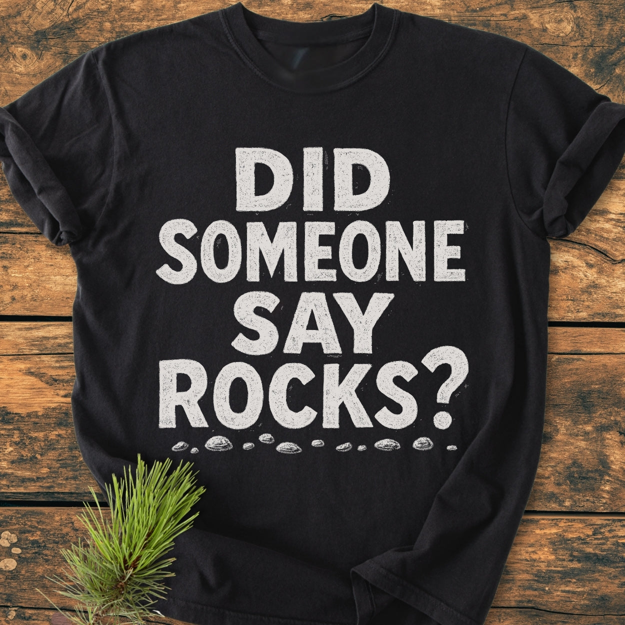 Did Someone Say Rocks? - Vintage Wash Tee displayed on wood with bold white lettering and rock illustrations, styled with a pine needle sprig. Made of soft, durable, garment-dyed cotton.
