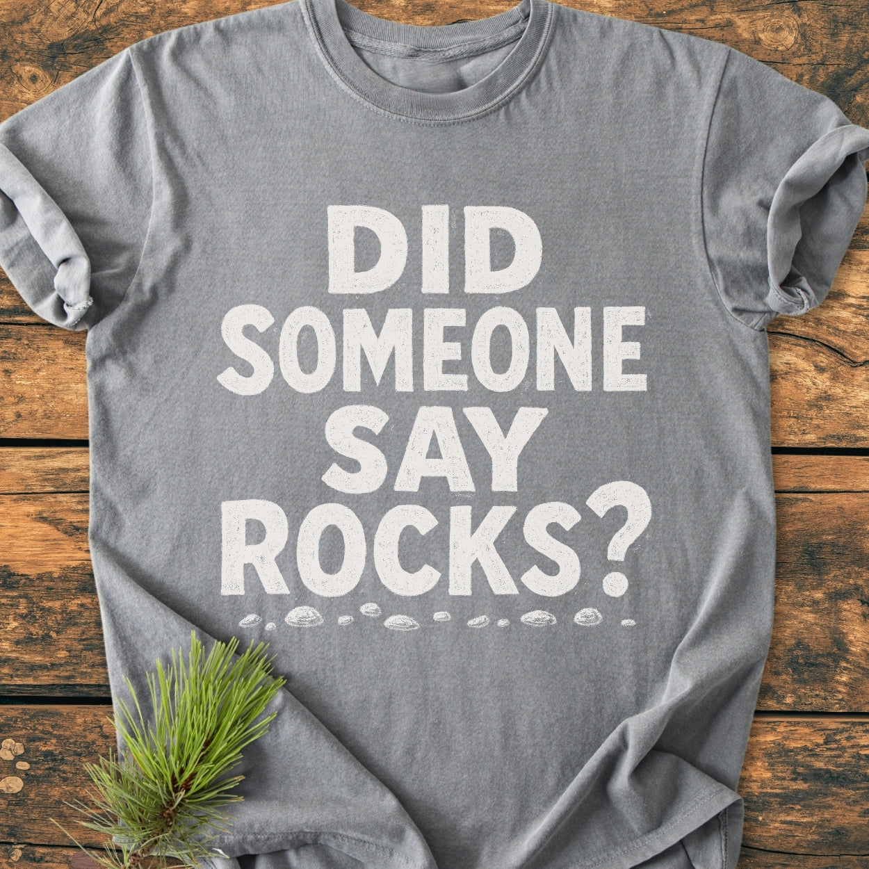 Heather-gray Did Someone Say Rocks? Vintage Wash Tee with distressed white lettering and pebble graphic, laid flat. Features soft-washed, relaxed fit, 100% ring-spun cotton for comfort.