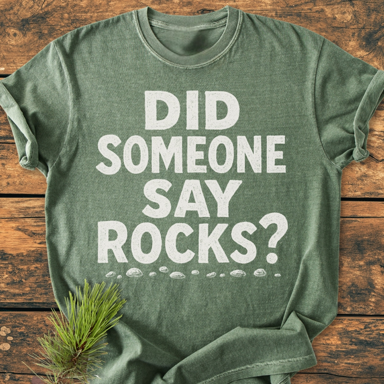 Heather-green Did Someone Say Rocks? - Vintage Wash Tee with white text and pebble illustrations on front, styled with a pine sprig on a wooden surface.