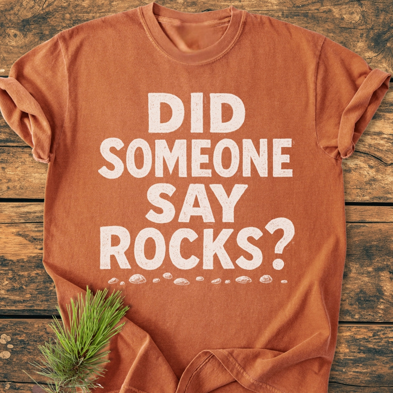 Did Someone Say Rocks? - Vintage Wash Tee features a burnt-orange hue with chalk-style lettering and stone sketches, laid on a wooden surface, alongside a pine needle sprig for added rustic charm.