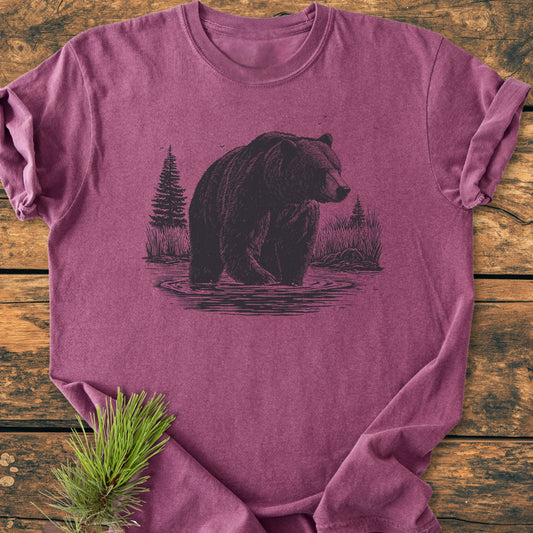 Majestic Grizzly - Vintage Wash Tee features a bear line-drawing in black ink on a heathered plum T-shirt, offering a relaxed fit and durable, soft-washed 100% ring-spun cotton fabric.