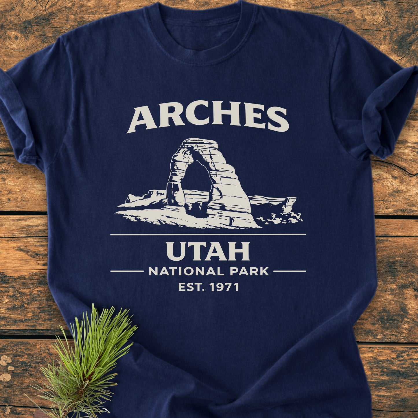 Arches National Park - Vintage Wash Tee, featuring a white line-drawing of Delicate Arch with ARCHES above it, UTAH, National Park, and Est. 1971 below, laid on a wooden surface.