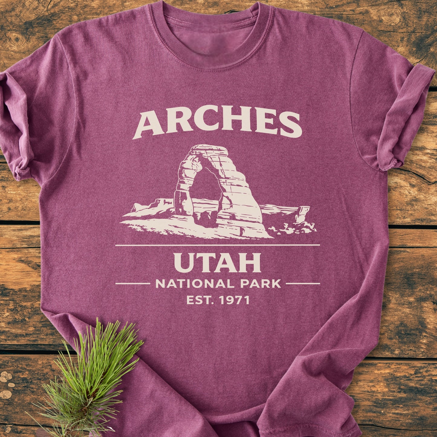 Arches National Park - Vintage Wash Tee displayed on wood, featuring “ARCHES” and Delicate Arch design in cream. A pine sprig complements the shirt's rustic presentation. Comfortable, durable, and pre-shrunk cotton.