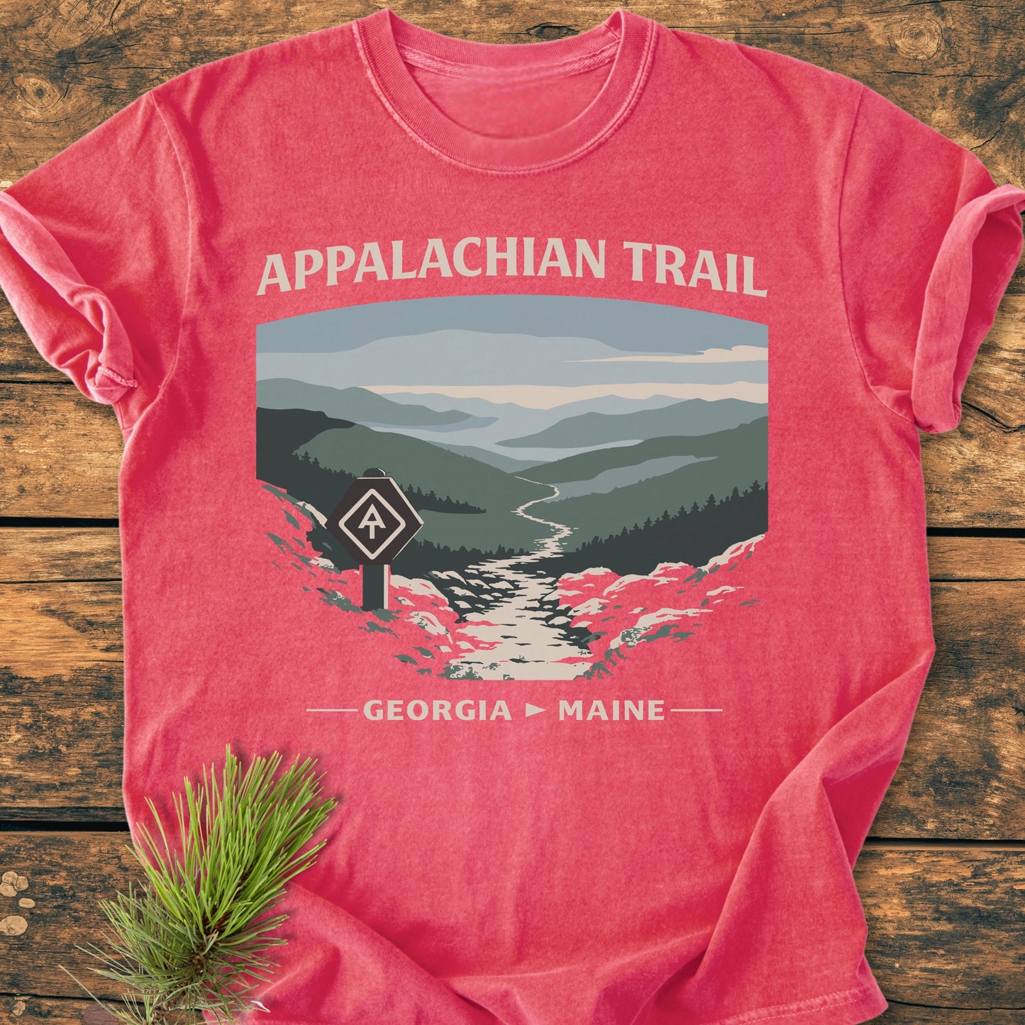 Appalachian Trail - Vintage Wash Tee featuring a mountain vista print with a trail and logo, laid on a tabletop, highlighting its relaxed fit and soft-washed, garment-dyed fabric alongside a pine sprig accent.