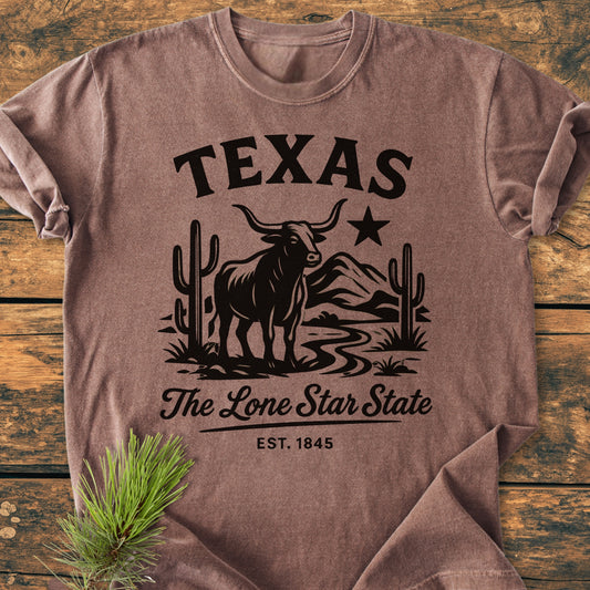 Texas, The Lone Star State - Vintage Wash Tee features a longhorn steer scene with cacti and mountains, printed on a soft, relaxed-fit, garment-dyed, ring-spun cotton T-shirt for comfort and durability.
