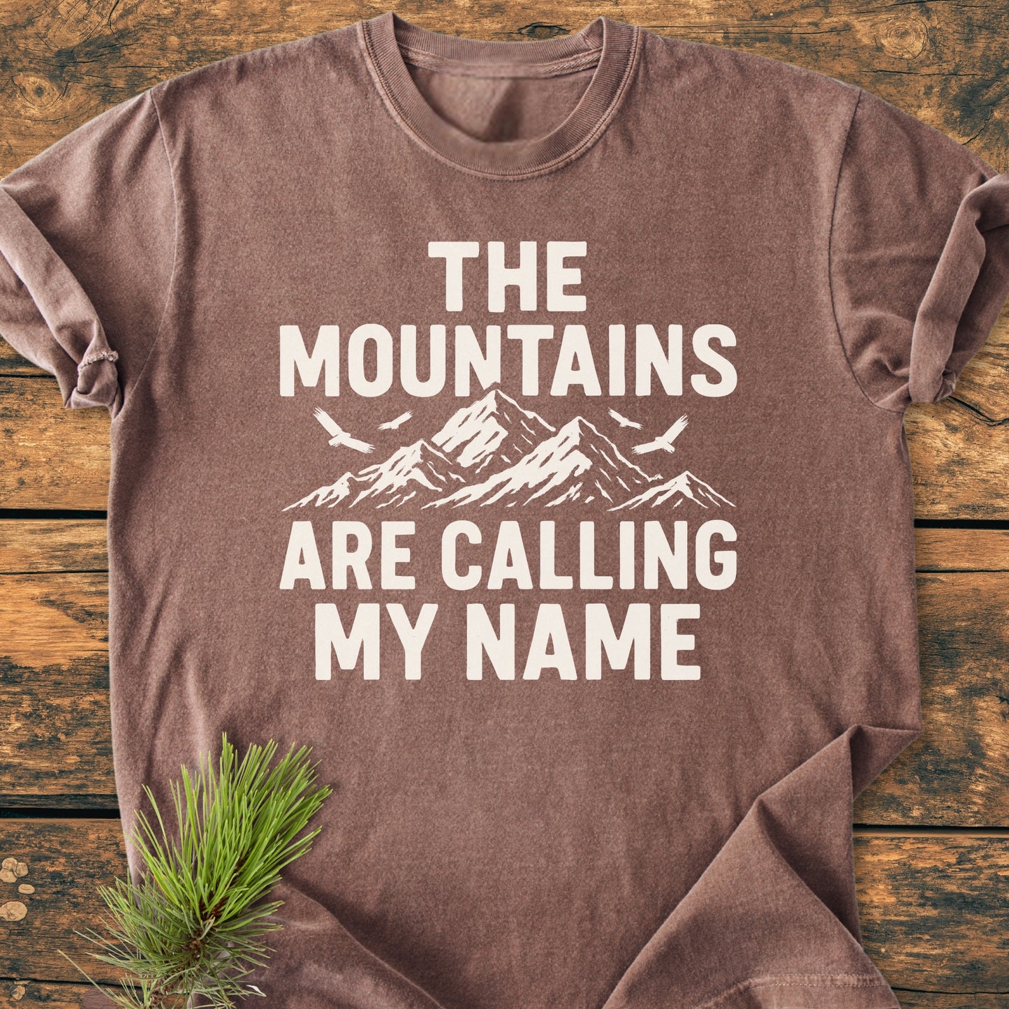 Calling My Name - Vintage Wash Tee in heathered brown with bold white mountain motif text, laid flat; soft, relaxed fit, short sleeves, crew-neck, crafted from pre-shrunk, ring-spun cotton.