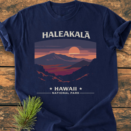 Haleakala National Park - Vintage Wash Tee featuring a stylized mountain scene. The navy T-shirt lies on wood, showcasing HALEAKALĀ and HAWAII ★ NATIONAL PARK text. Evergreen sprig decorates the corner.